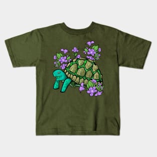 Smiling Turtle with Purple Flowers Kids T-Shirt